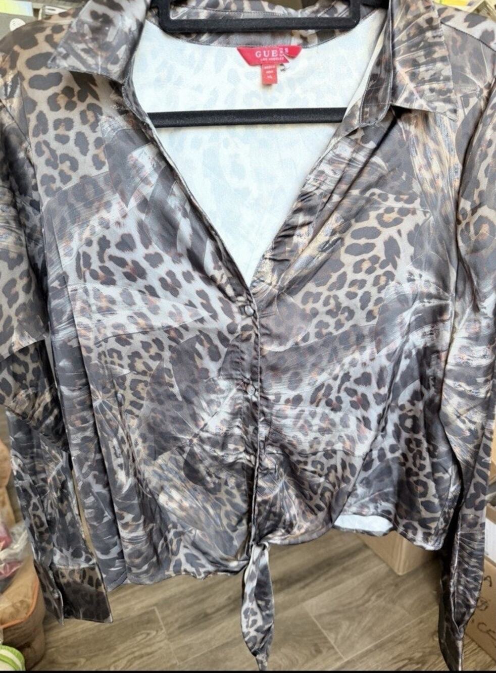 GUESS Leopard Printbutton Up Blouse With Tie at Bottom Size Med NWOT